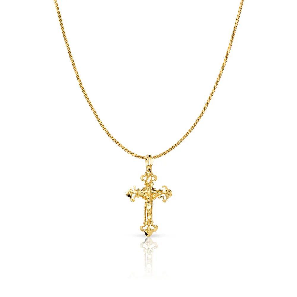 14K Gold Crucifix Charm Pendant with 0.9mm Wheat Chain Necklace