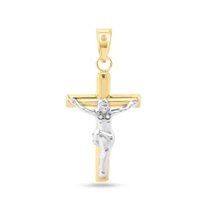 14P00084. - 14 Karat Yellow Gold 2 Sided Cross White Gold Jesus Hollow Tube Cross Pendant