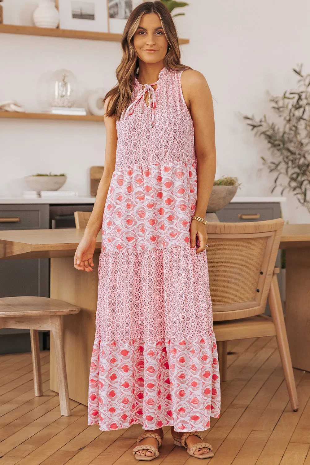 Abstract Print Split Neck Sleeveless Maxi Dress