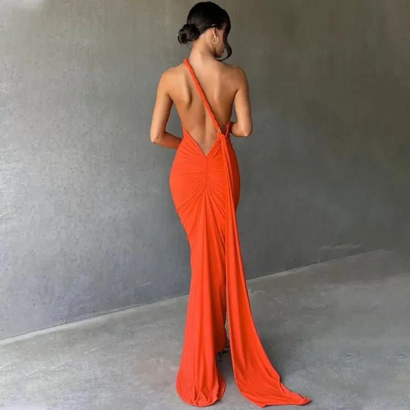 Backless Ruched Maxi Dress - Slim Fit, Sequined Bohemian Style