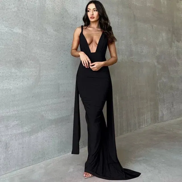 Backless Ruched Maxi Dress - Slim Fit, Sequined Bohemian Style