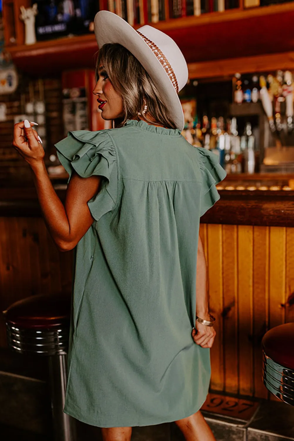 Black Ruffle Sleeve V Neck Frilled Shift Dress