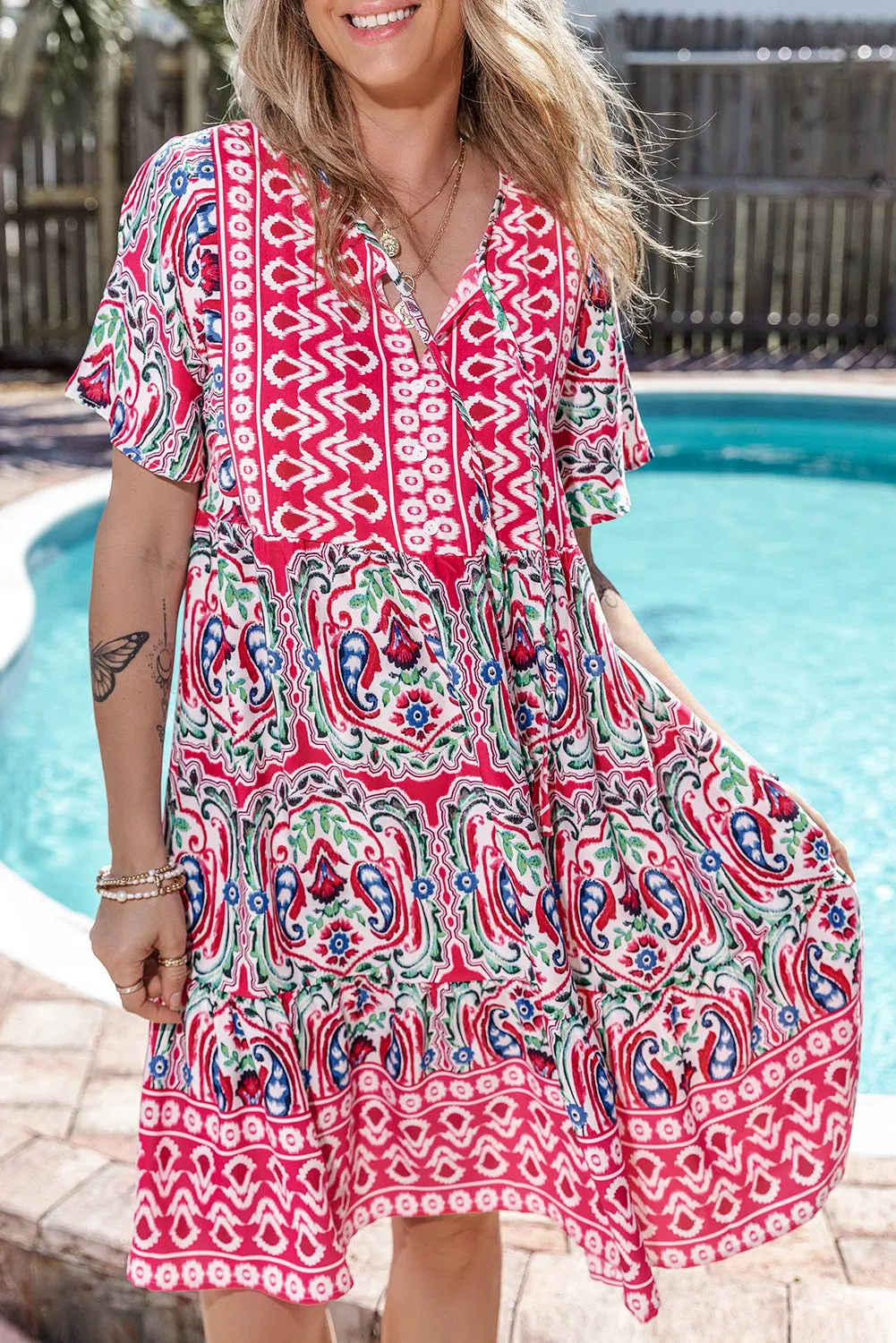 Bohemian Print Tie Neck Ruffle Hem Short Dress