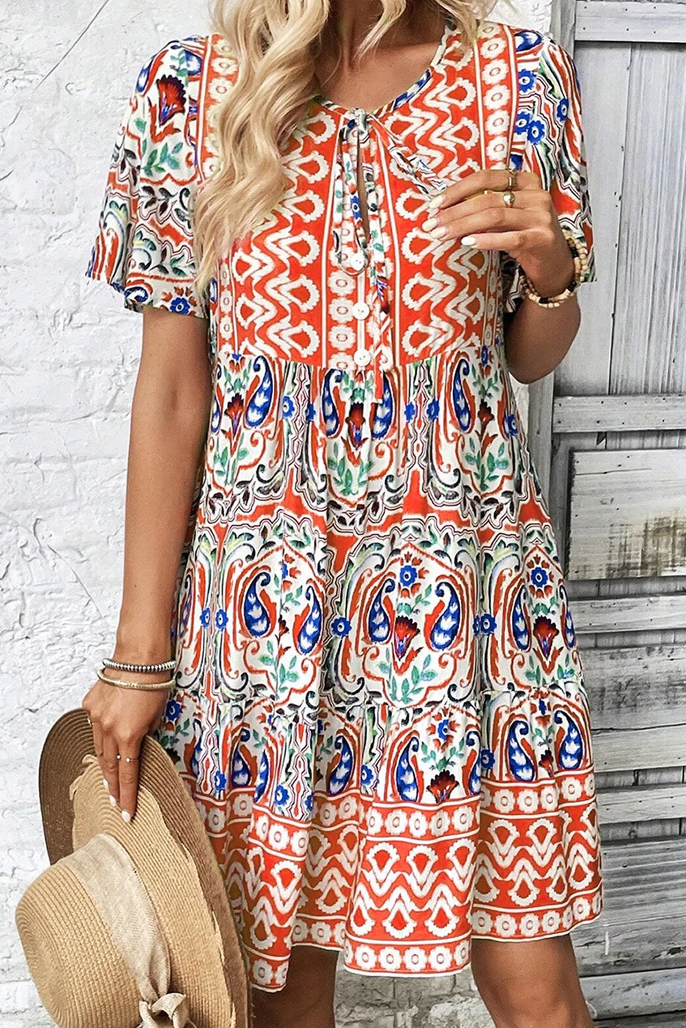 Bohemian Print Tie Neck Ruffle Hem Short Dress