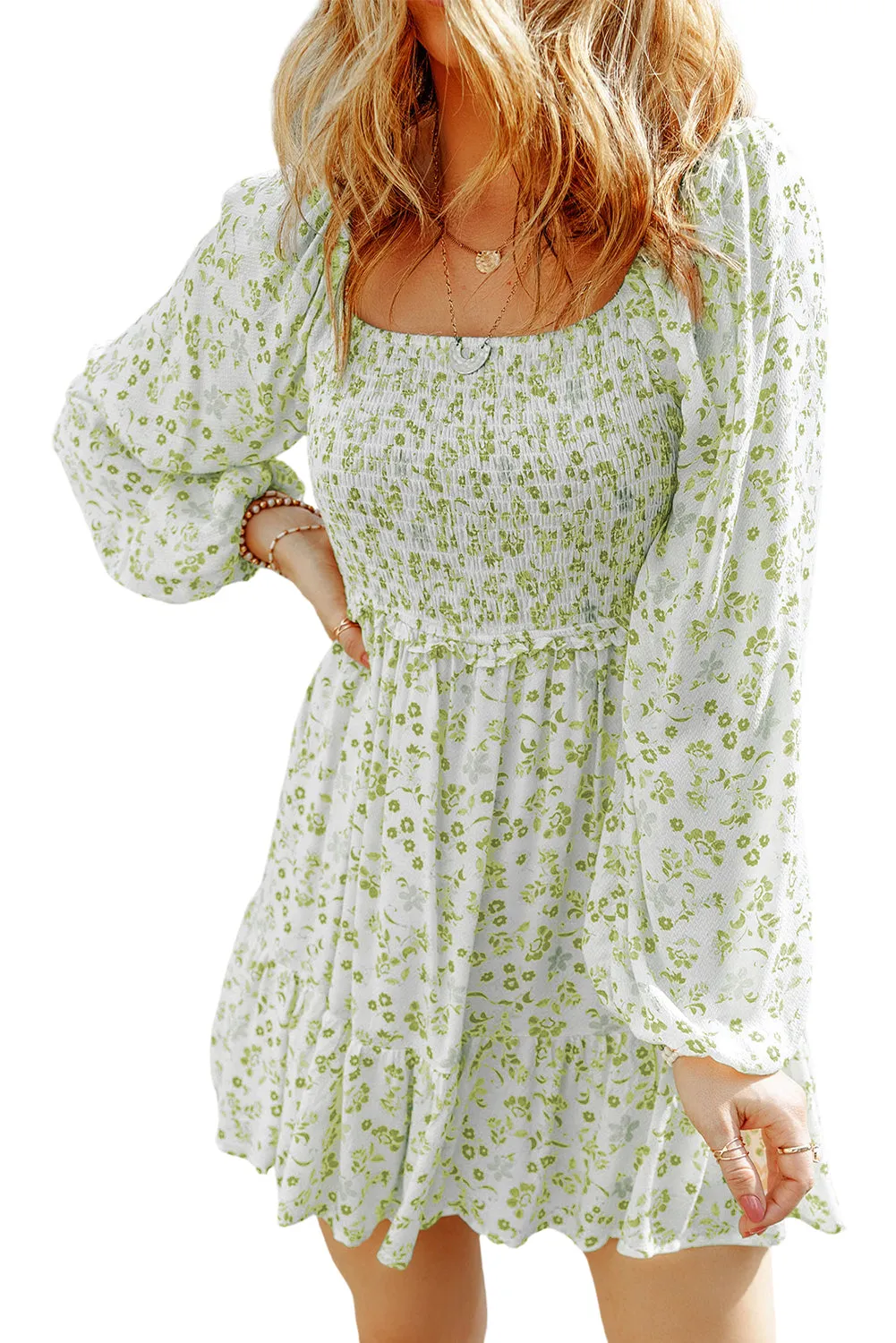 Boho Floral Smocked Puff Sleeve Mini Dress