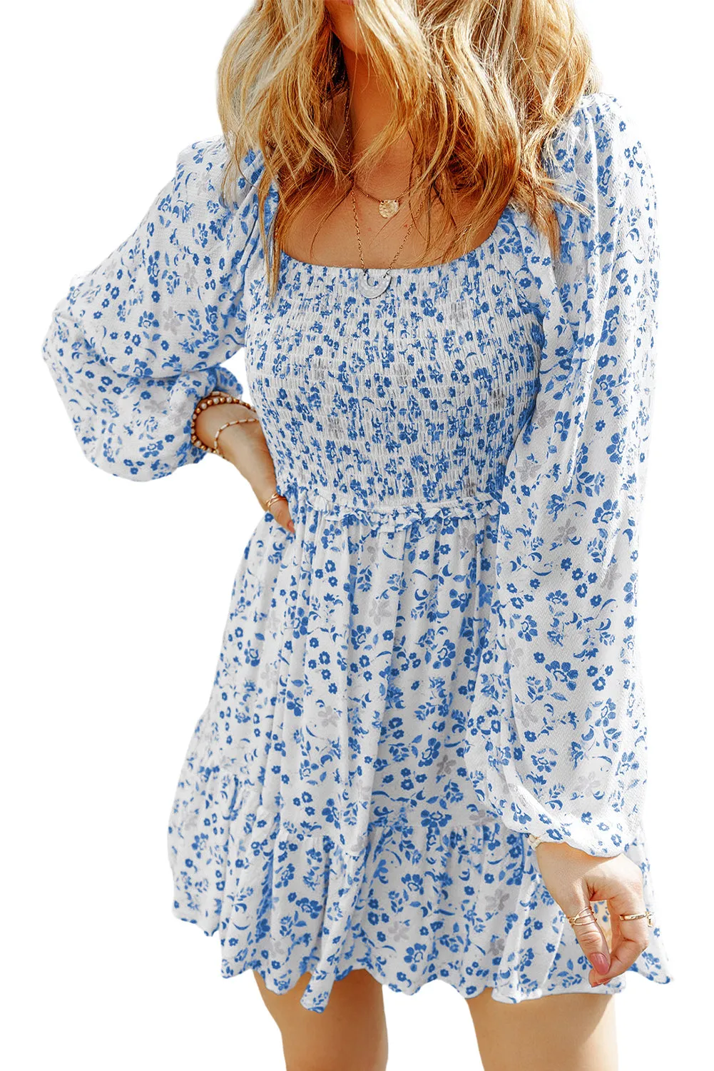 Boho Floral Smocked Puff Sleeve Mini Dress