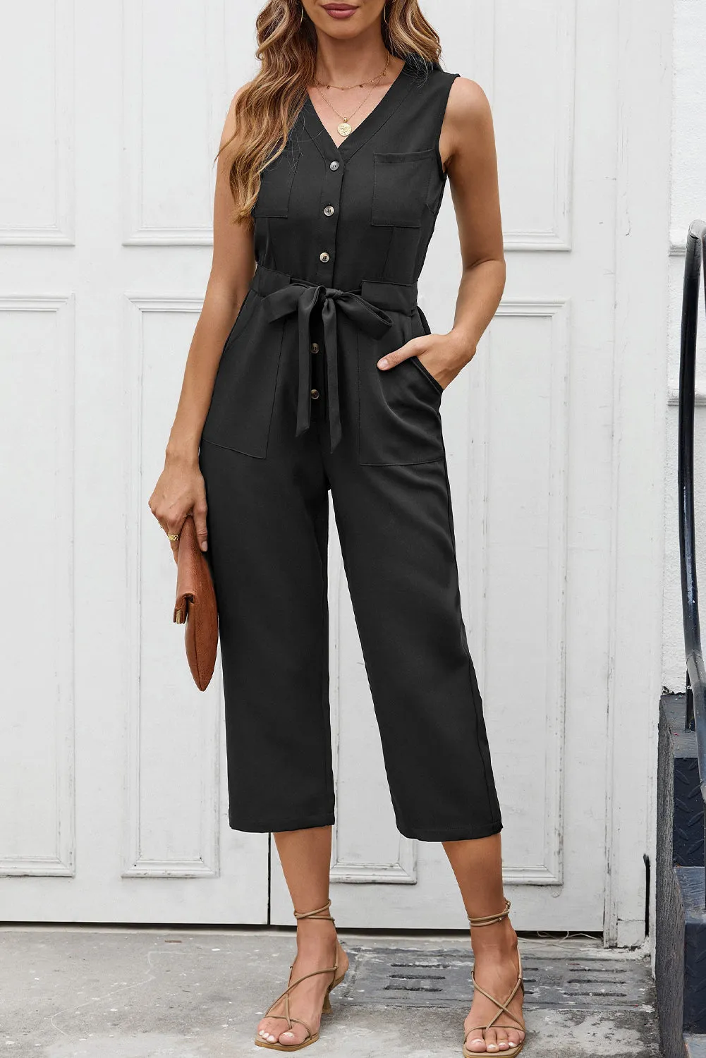 Buttoned Sleeveless Cropped Jumpsuit with Sash