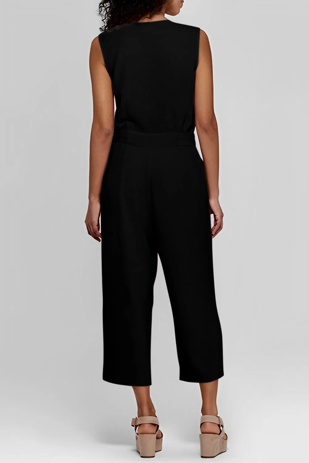 Buttoned Sleeveless Cropped Jumpsuit with Sash