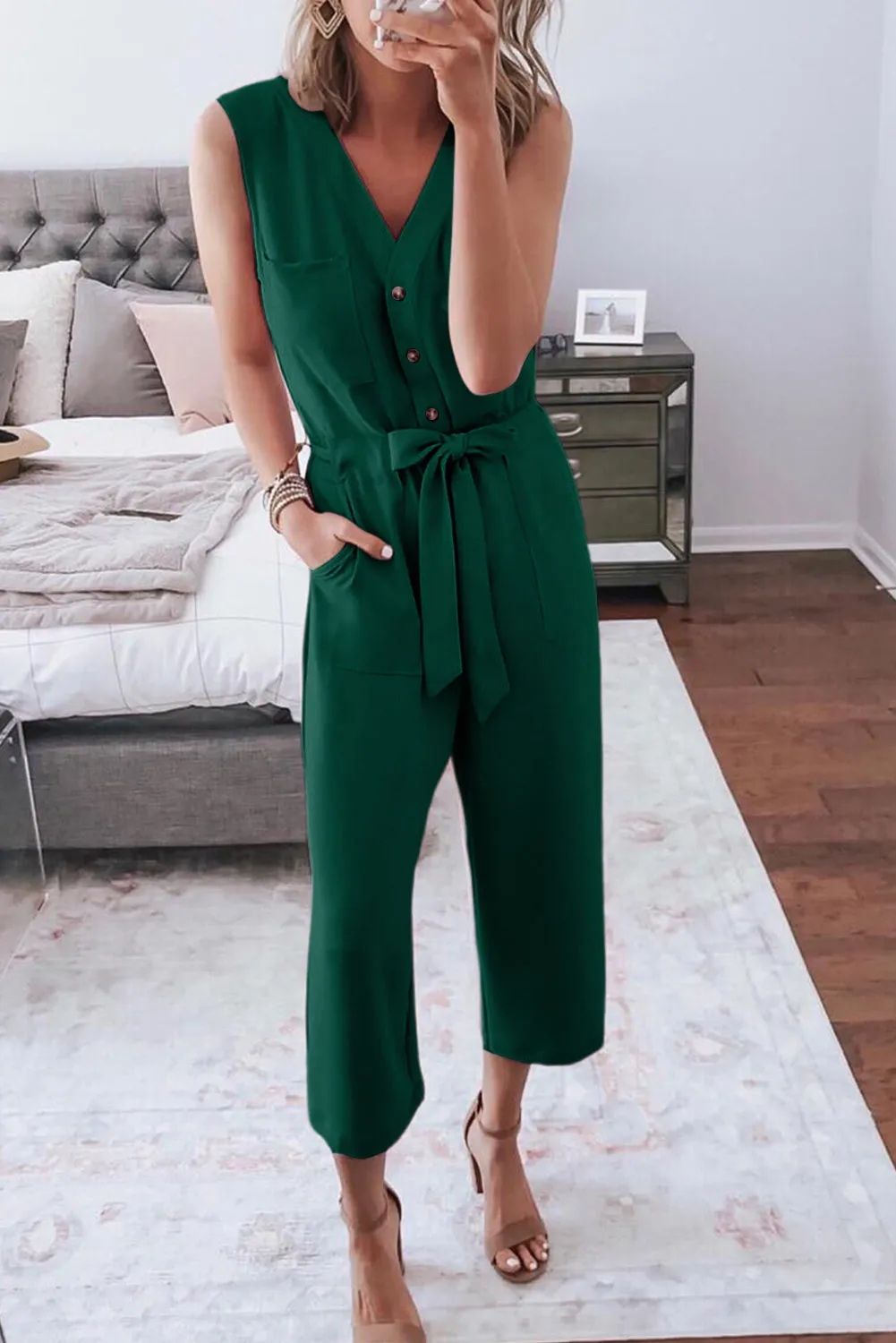 Buttoned Sleeveless Cropped Jumpsuit with Sash