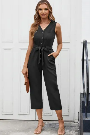 Buttoned Sleeveless Cropped Jumpsuit with Sash