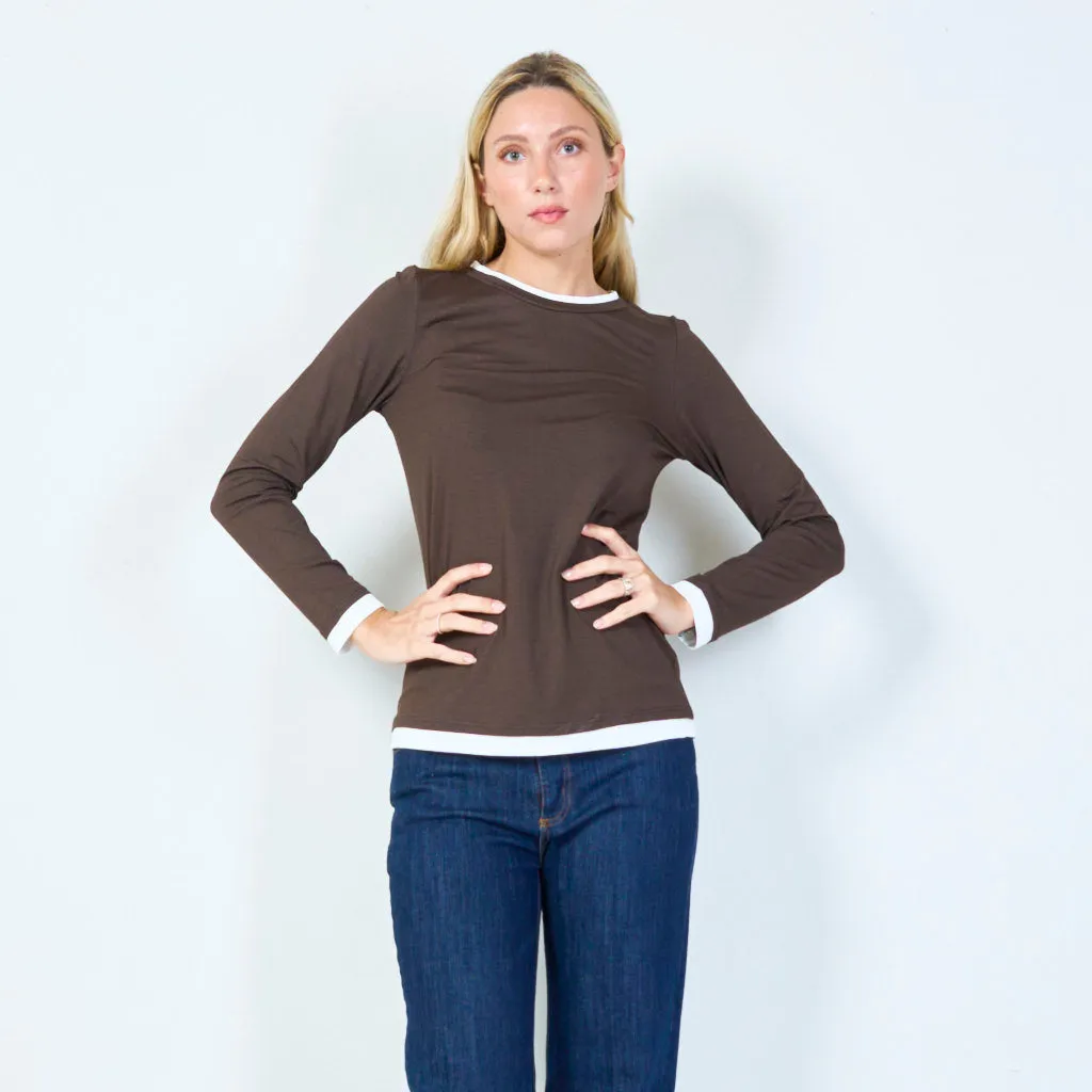 Casual long-sleeve top with contrast trim wholesale