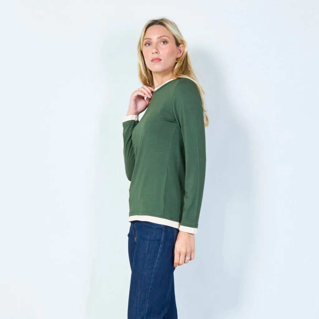 Casual long-sleeve top with contrast trim wholesale