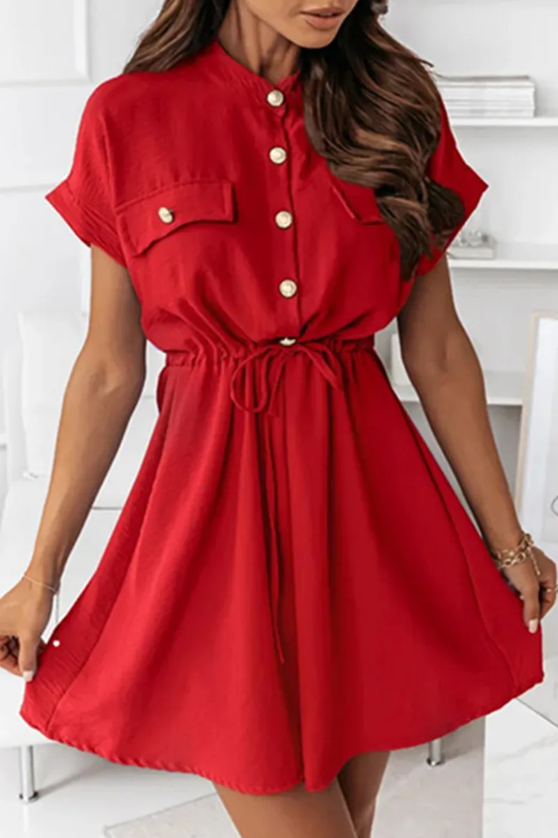 Casual Solid Draw String Buckle O Neck A Line Dresses