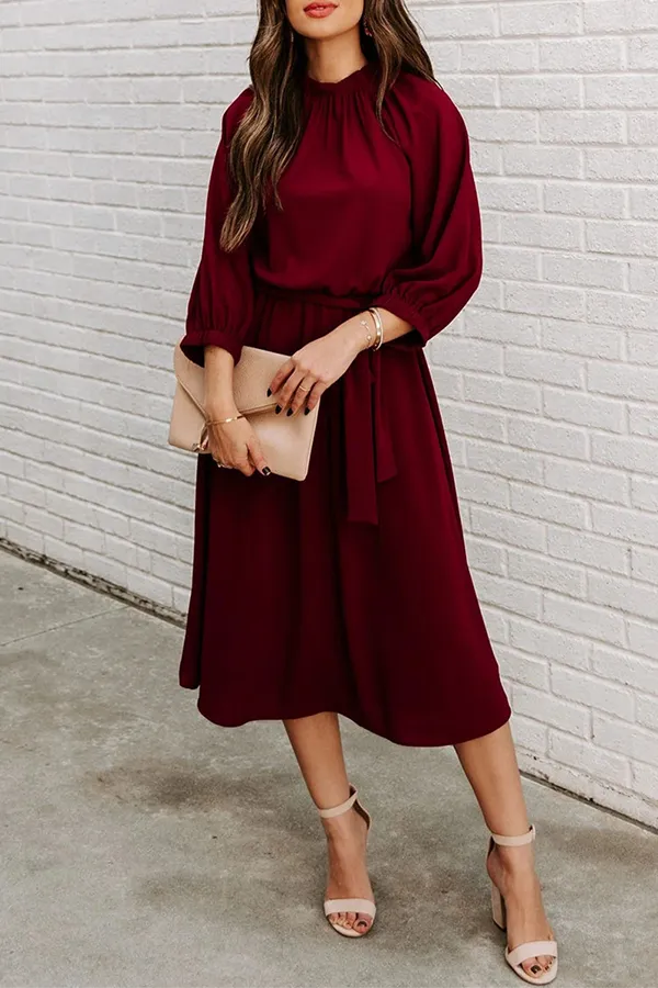 Casual Solid Patchwork With Belt O Neck Waist Skirt Dresses