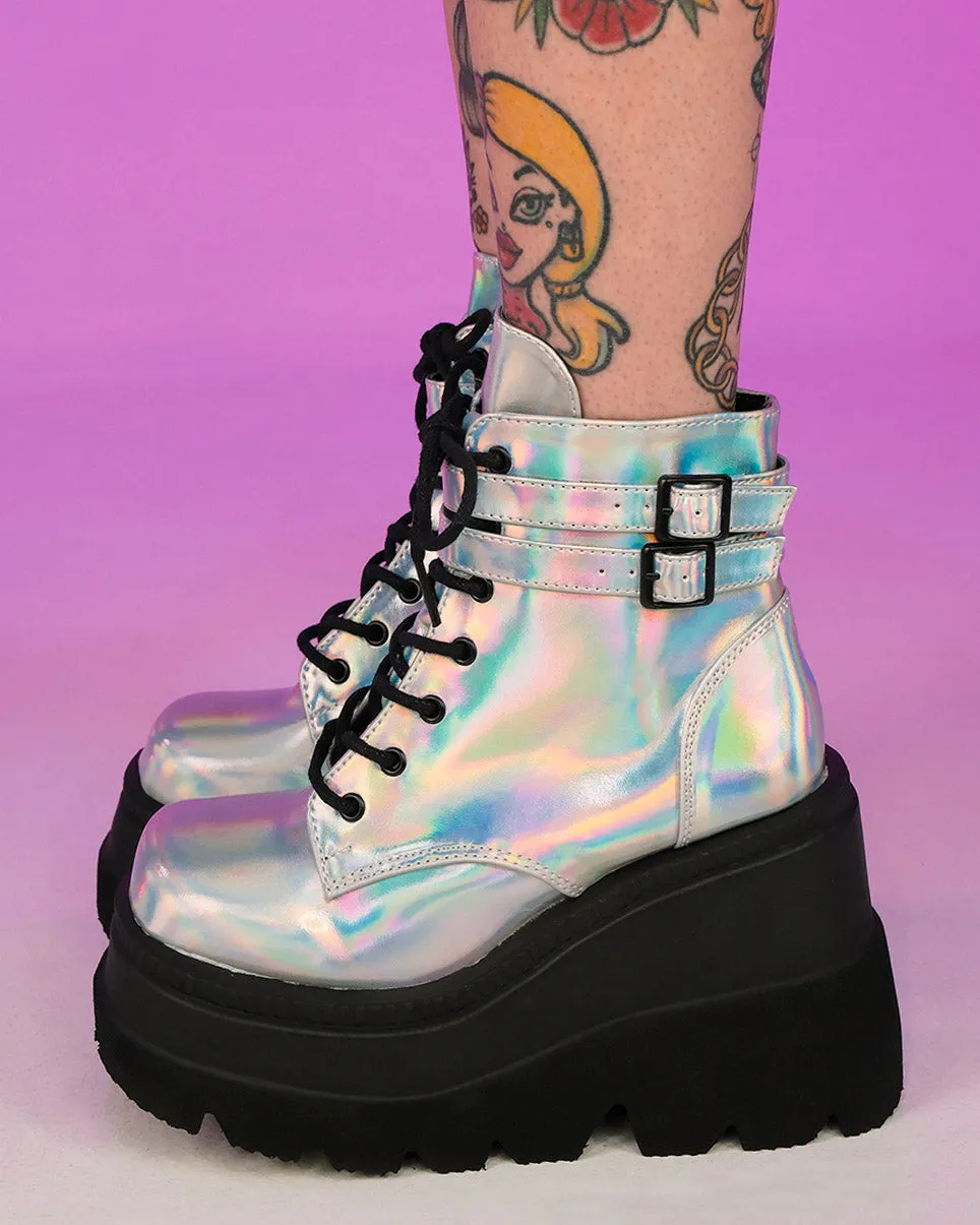 Demonia Holo Silver Stacked Platform