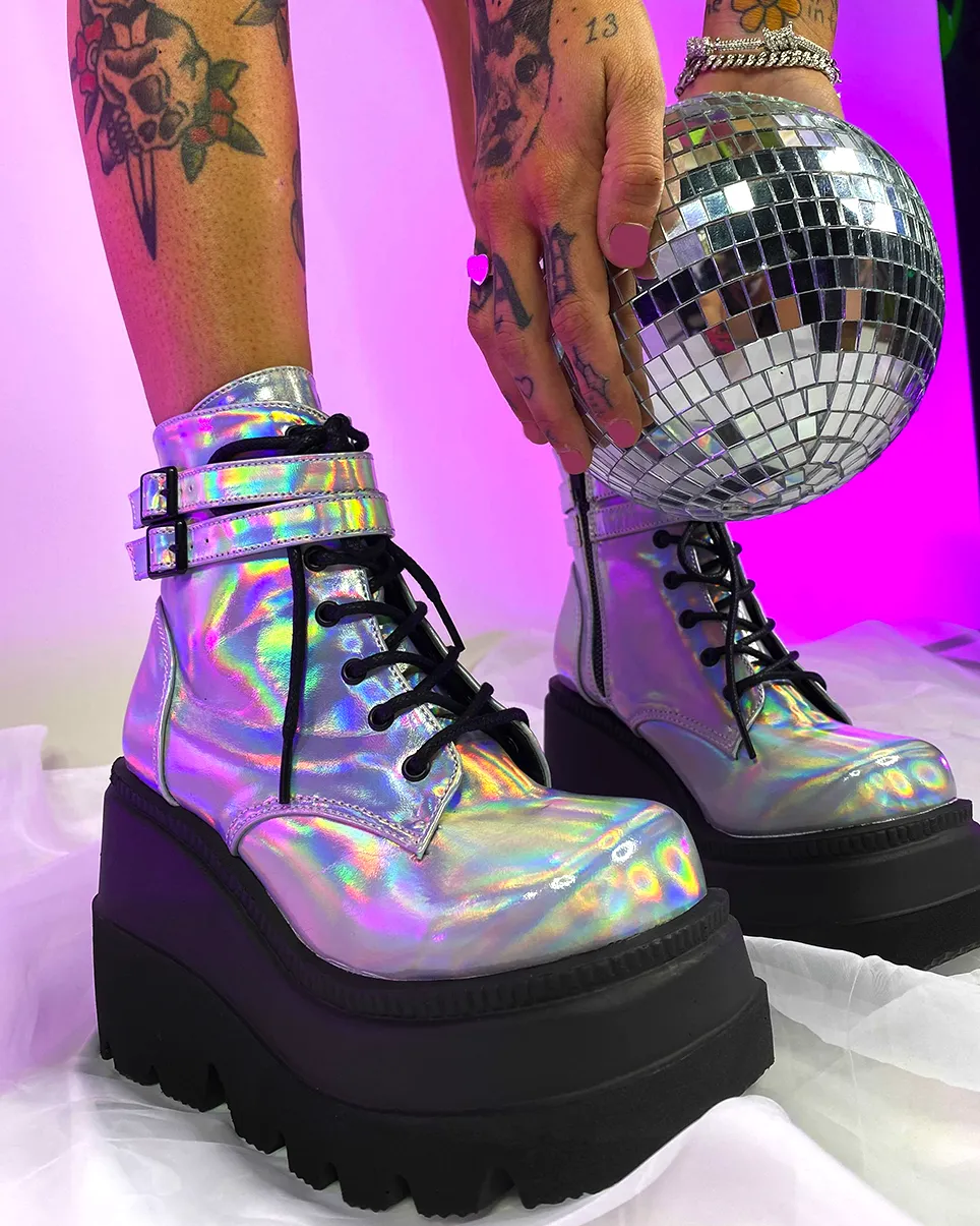 Demonia Holo Silver Stacked Platform