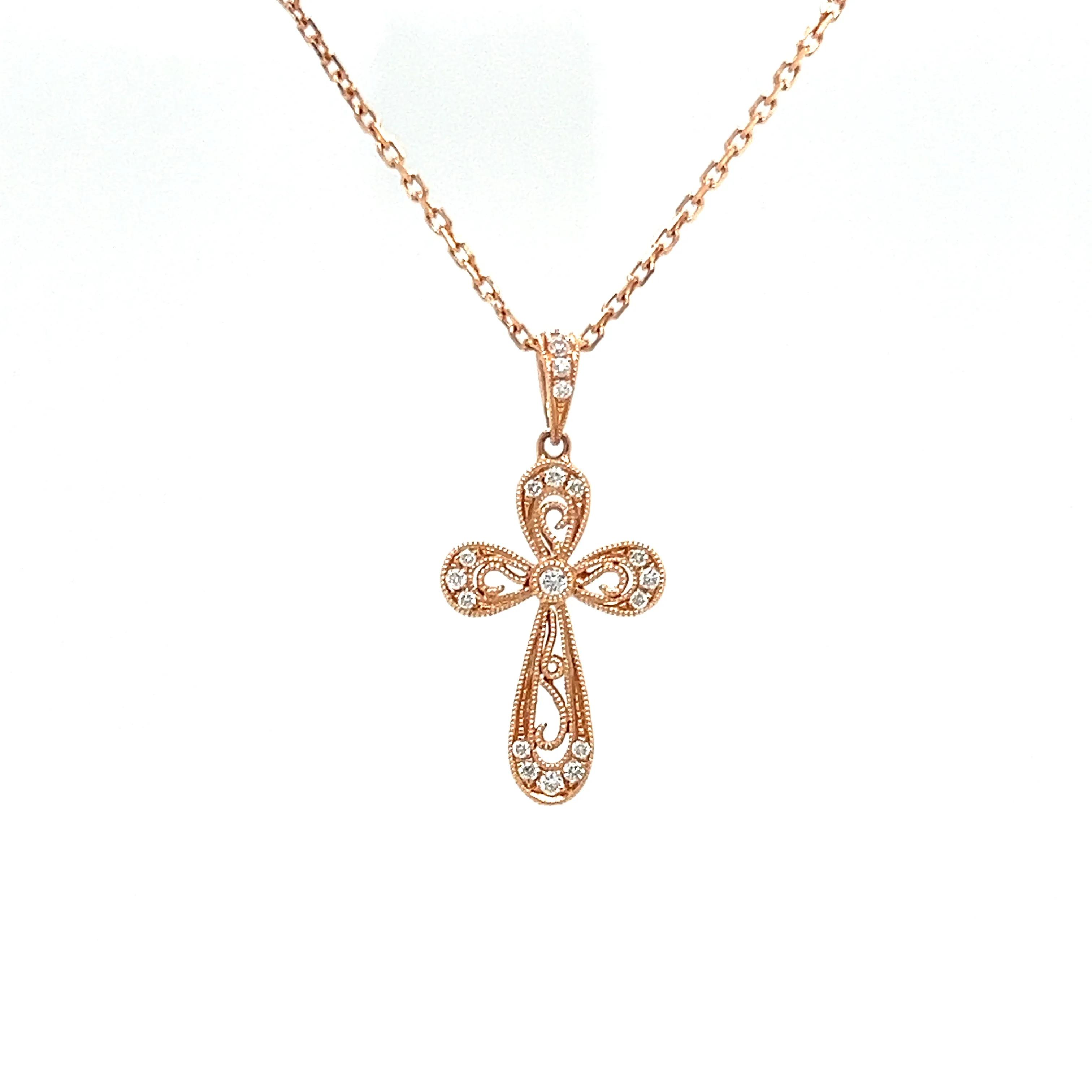 Diamond Cross Pendant with Milgrain Details in 14K Rose Gold