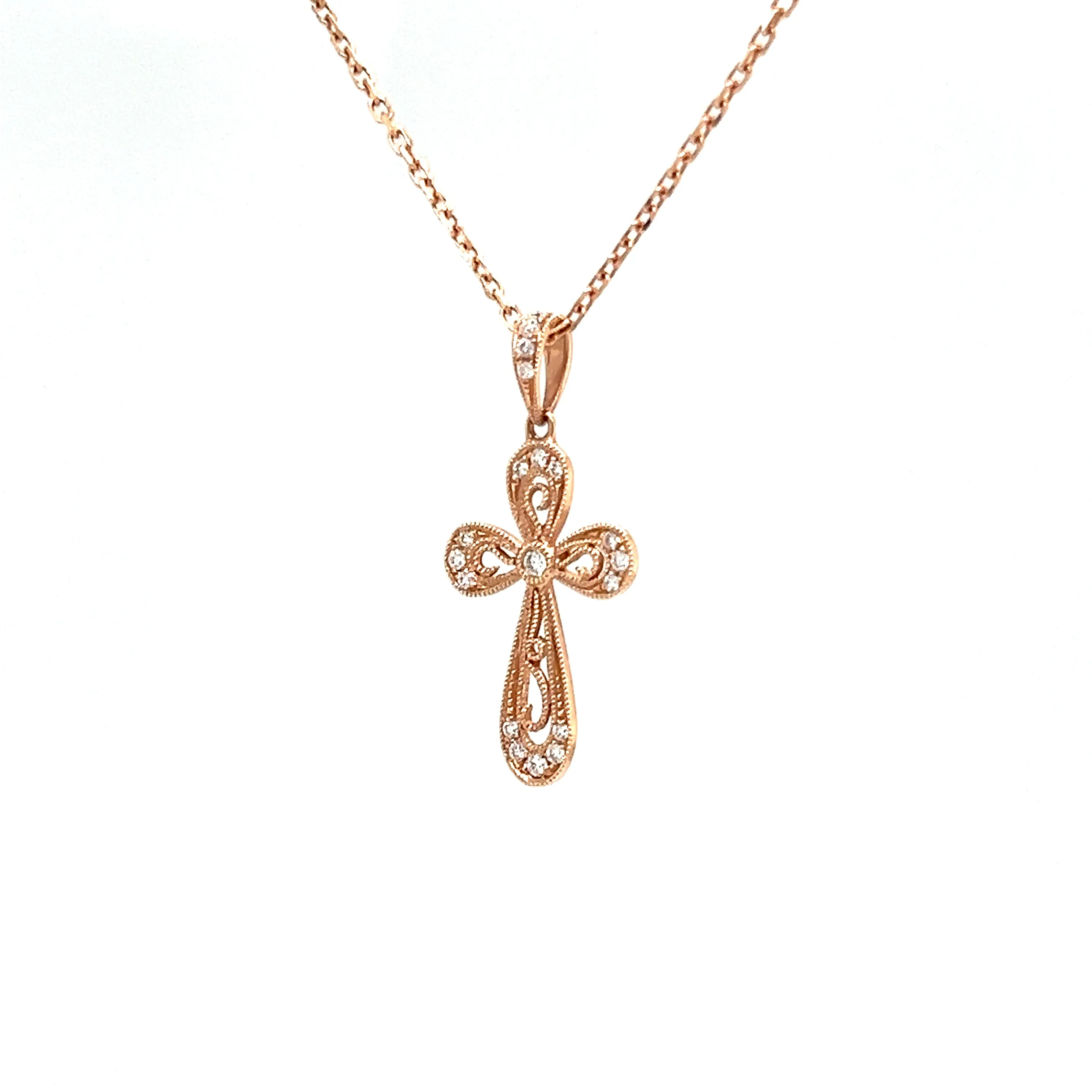 Diamond Cross Pendant with Milgrain Details in 14K Rose Gold