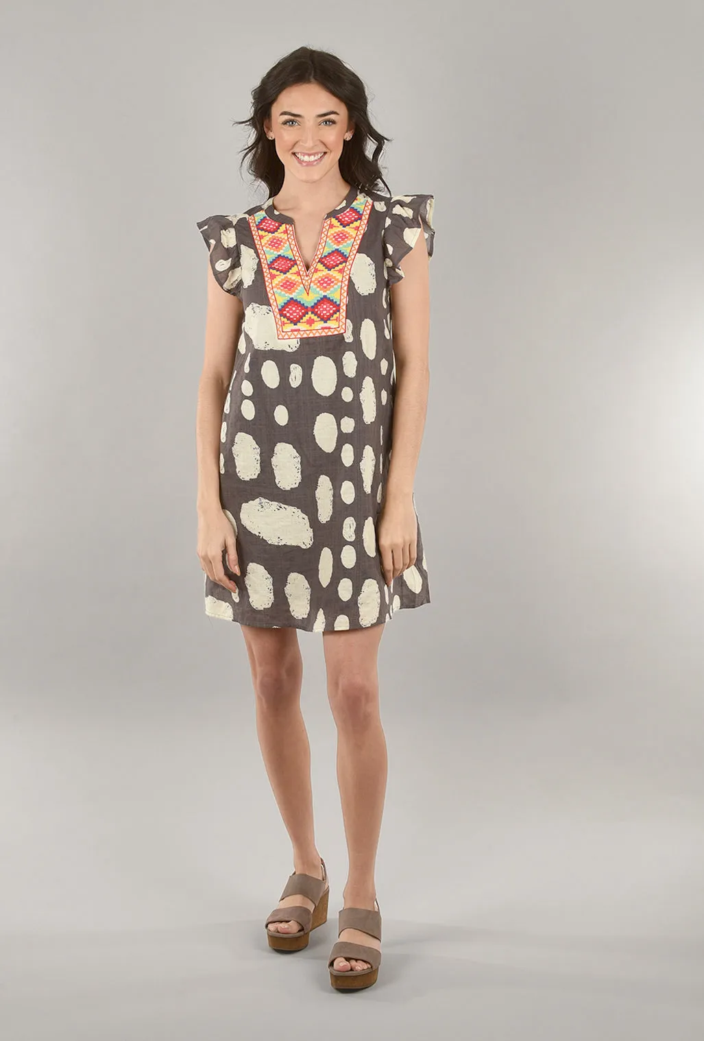 Embroidered-Bib Print Dress, Gray