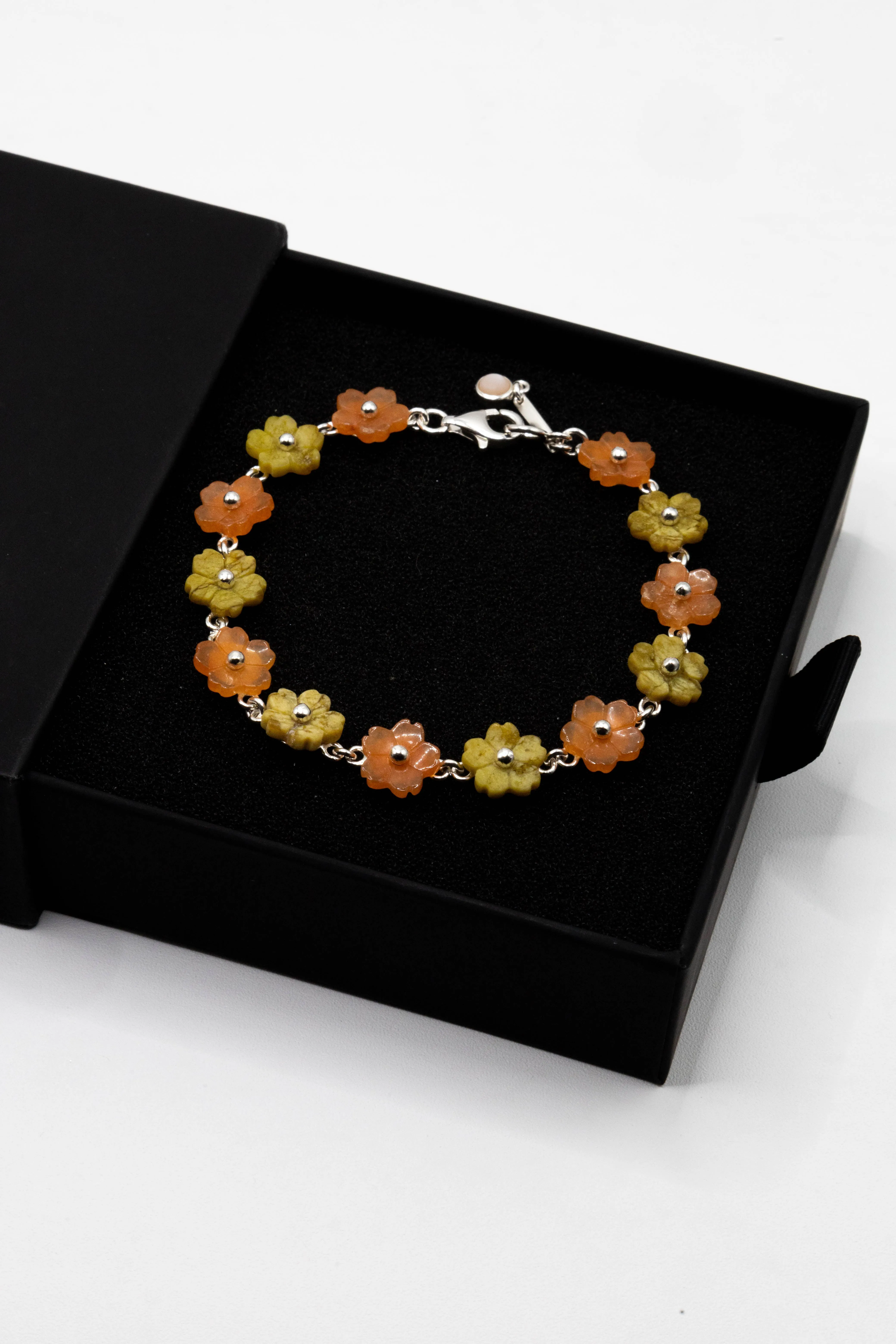 Flower in Orange and Avocado 925 Sterling Silver Bracelet