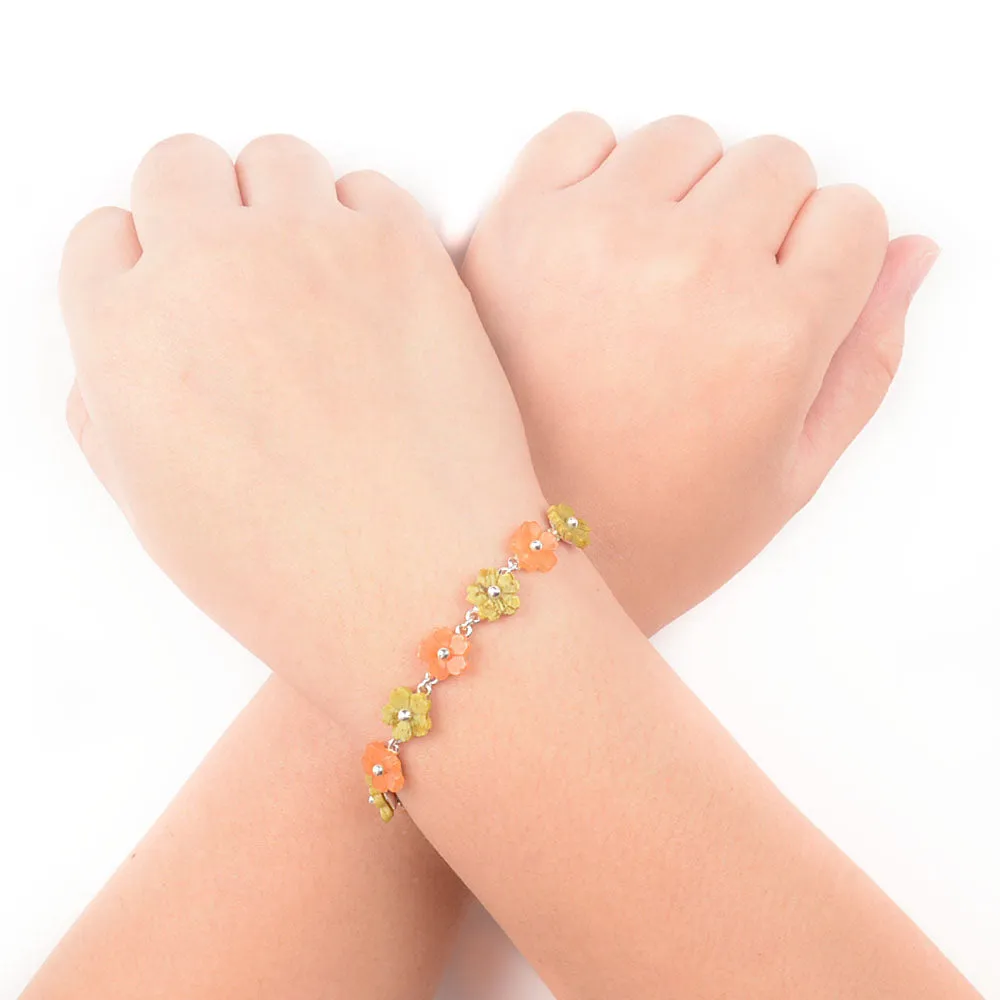 Flower in Orange and Avocado 925 Sterling Silver Bracelet