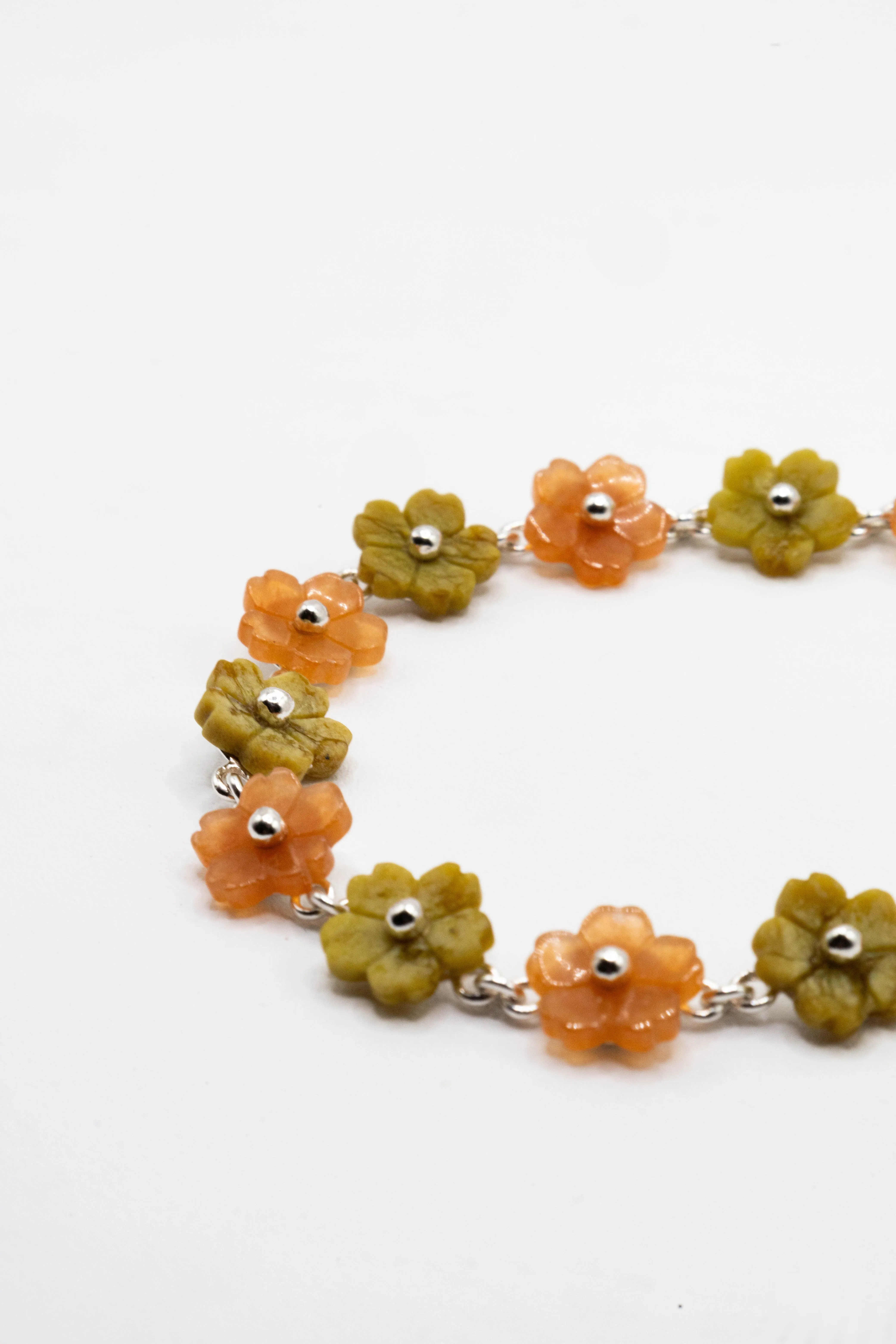 Flower in Orange and Avocado 925 Sterling Silver Bracelet