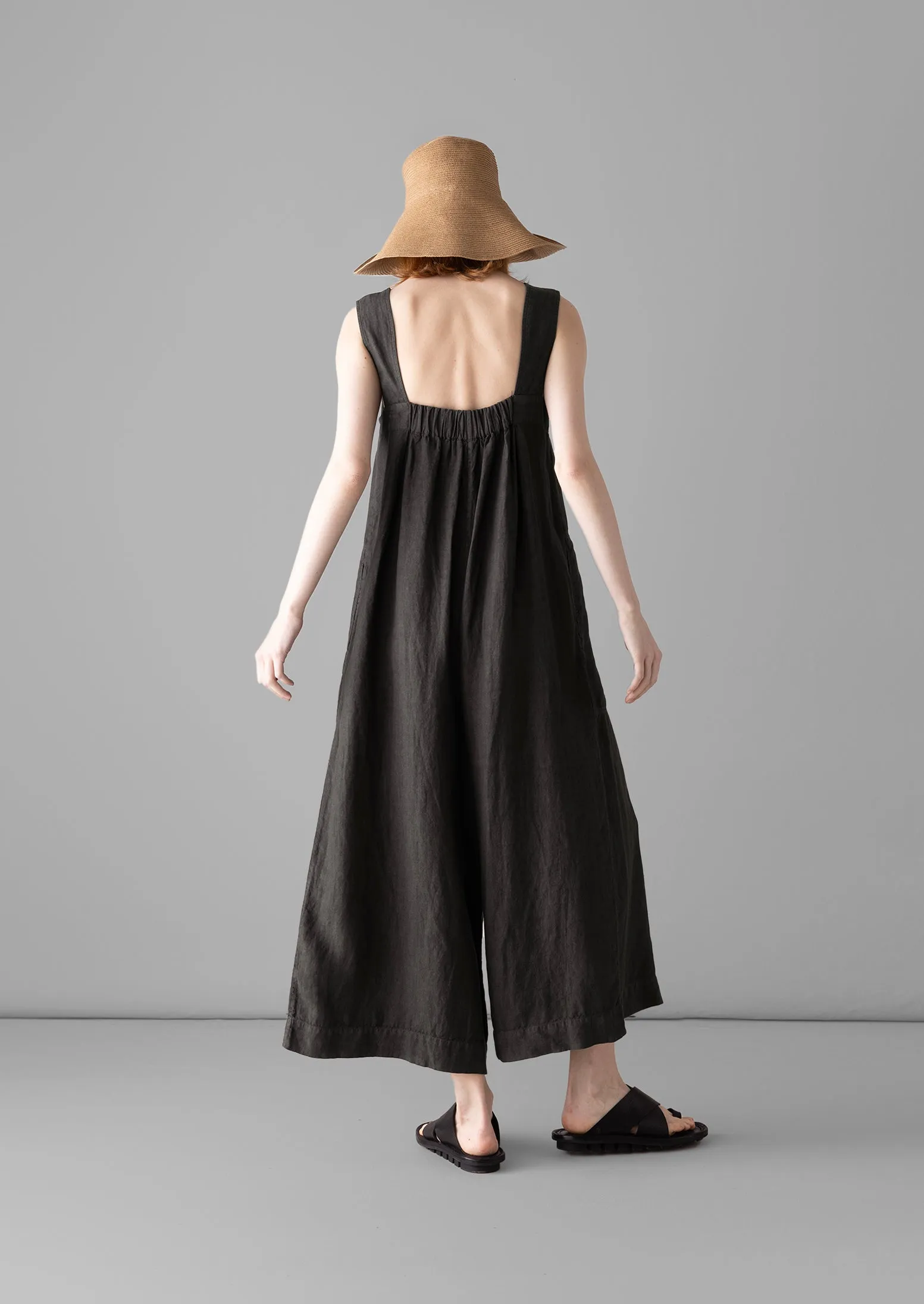 Garment Dyed Linen Pinafore Jumpsuit | Black Coffee