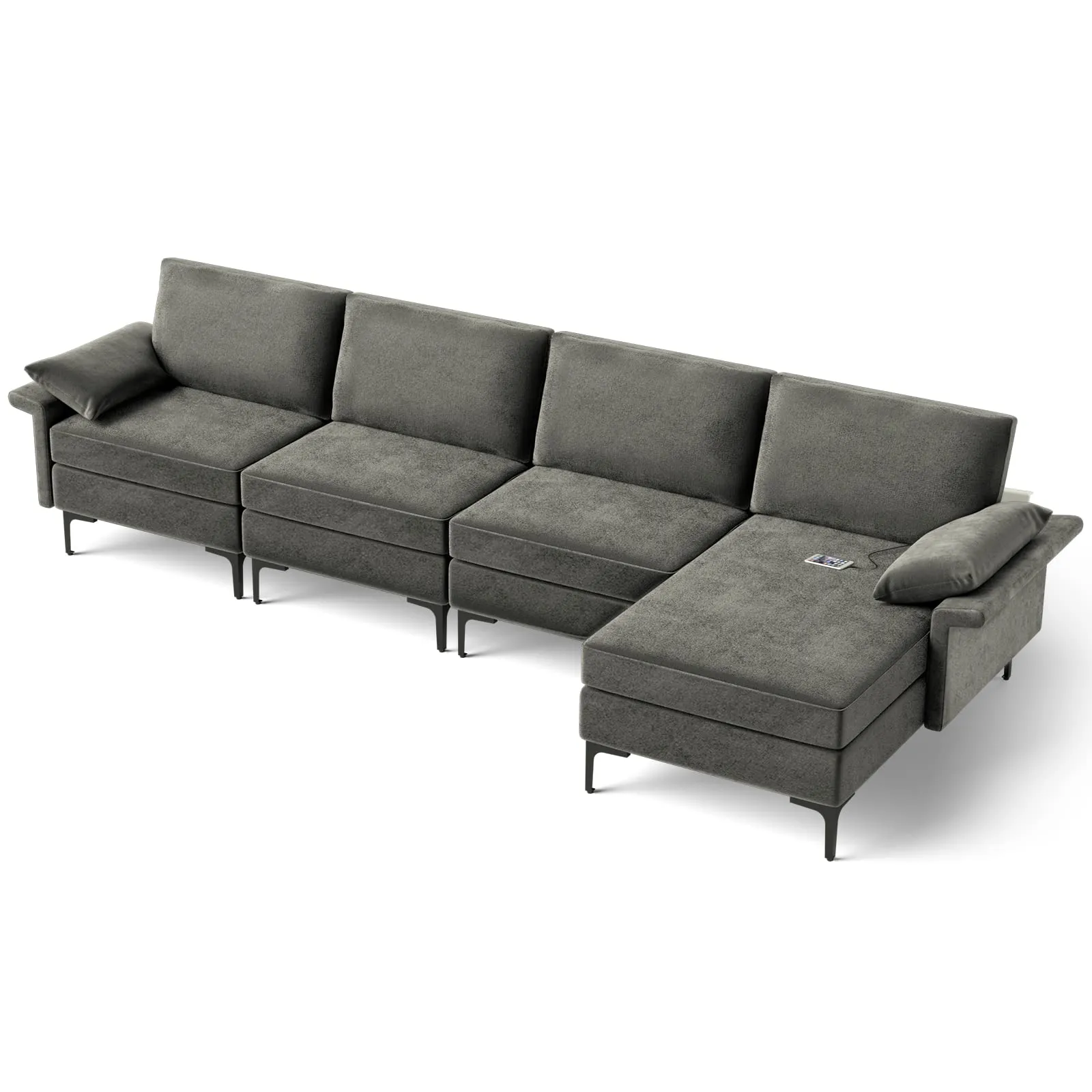 KOMFOTT 130.5 Inch Extra Large Convertible Sectional Sofa with Reversible Chaise Lounge, 3-Hole Outlets & 4 USB Ports