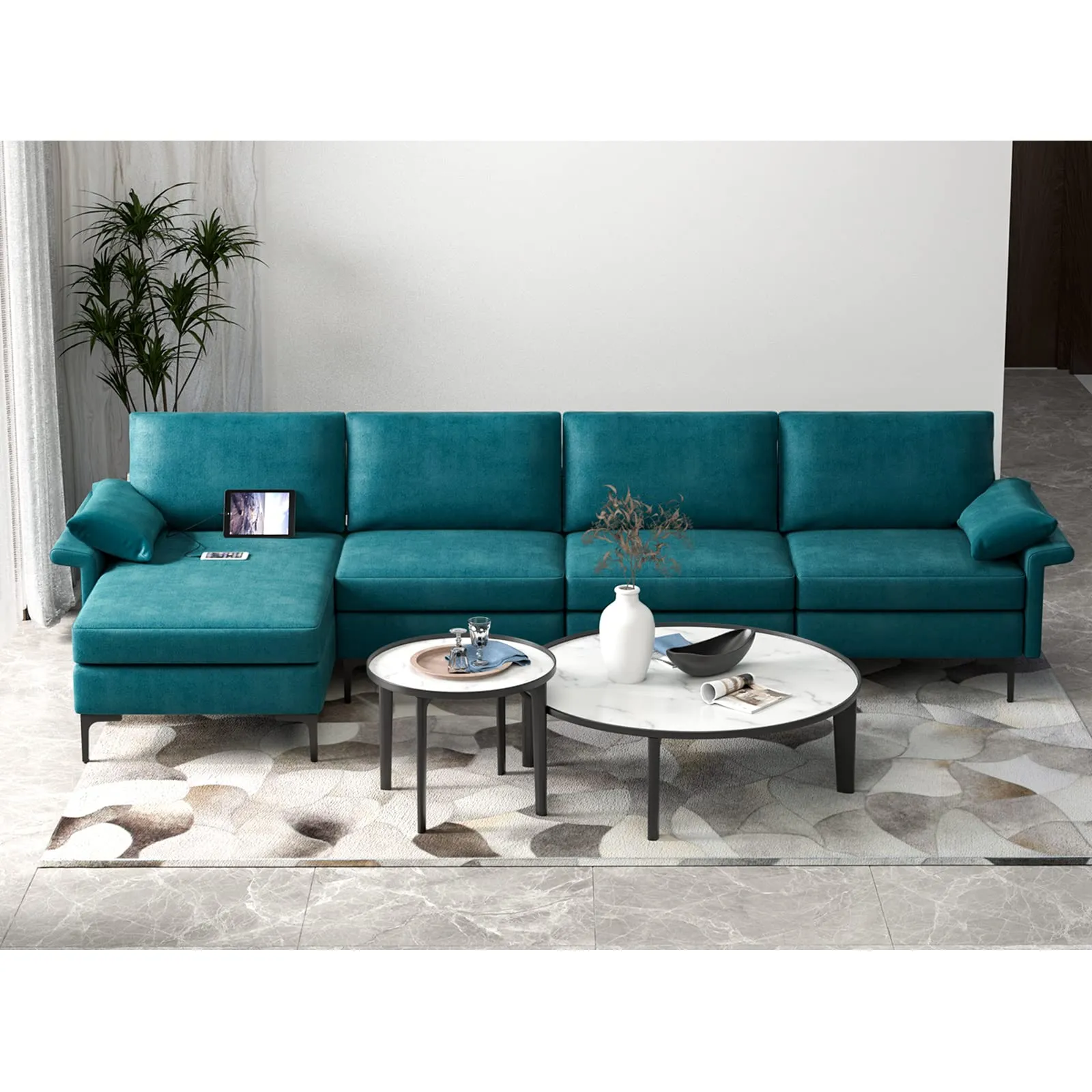 KOMFOTT 130.5 Inch Extra Large Convertible Sectional Sofa with Reversible Chaise Lounge, 3-Hole Outlets & 4 USB Ports