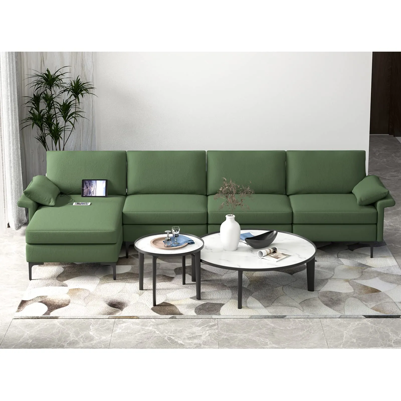 KOMFOTT 130.5 Inch Extra Large Convertible Sectional Sofa with Reversible Chaise Lounge, 3-Hole Outlets & 4 USB Ports