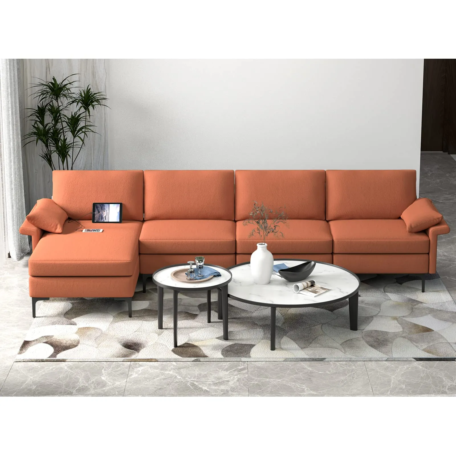 KOMFOTT 130.5 Inch Extra Large Convertible Sectional Sofa with Reversible Chaise Lounge, 3-Hole Outlets & 4 USB Ports