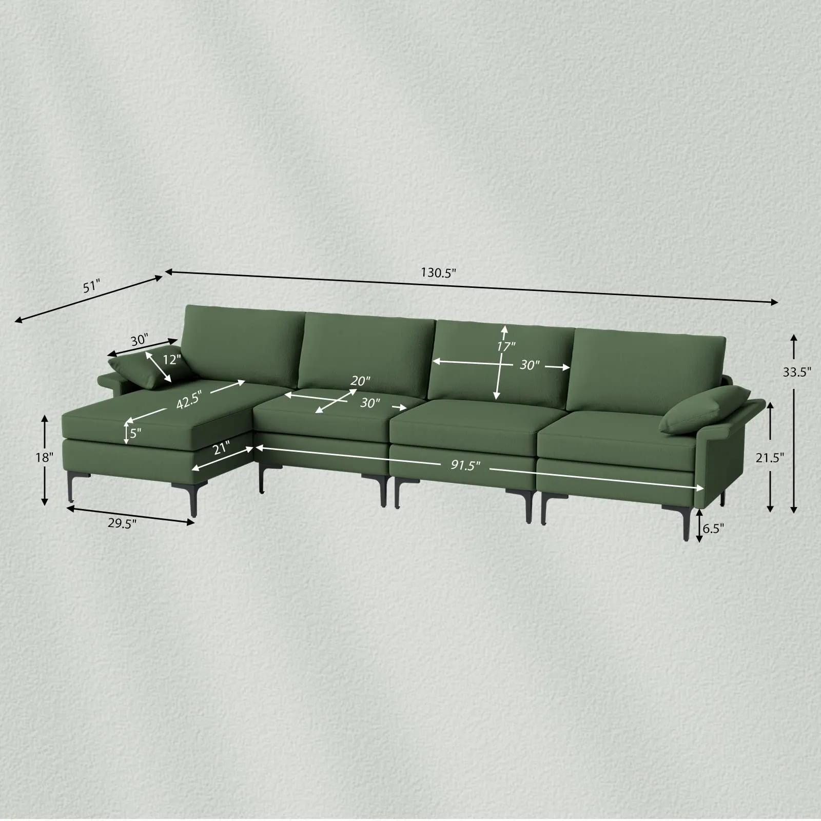 KOMFOTT 130.5 Inch Extra Large Convertible Sectional Sofa with Reversible Chaise Lounge, 3-Hole Outlets & 4 USB Ports