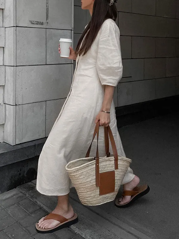 Linen Puff Sleeve V-Neck A-Line Maxi Dress