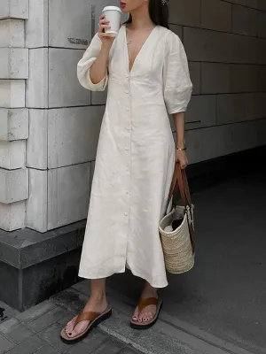 Linen Puff Sleeve V-Neck A-Line Maxi Dress