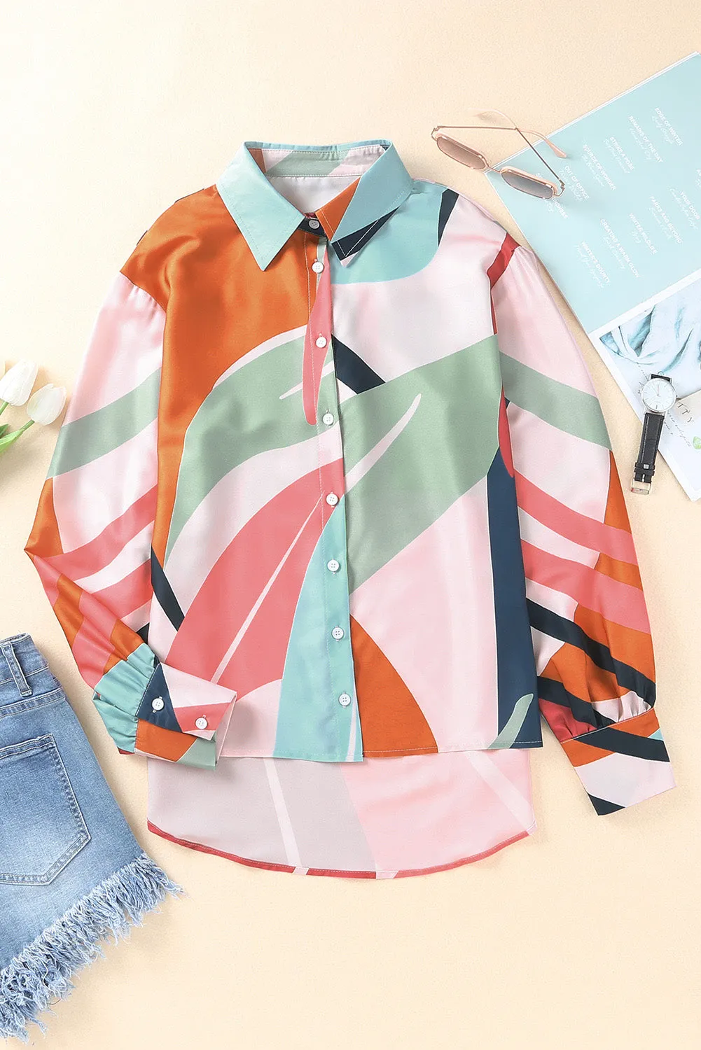 Multicolor Abstract Print Cuffed Sleeve Shirt