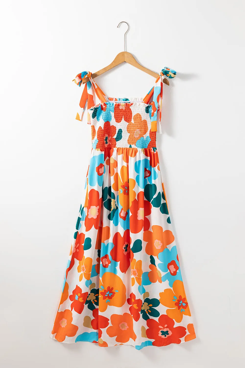 Orange 60s Floral Printed Shoulder Tie Smocked Maxi Dress