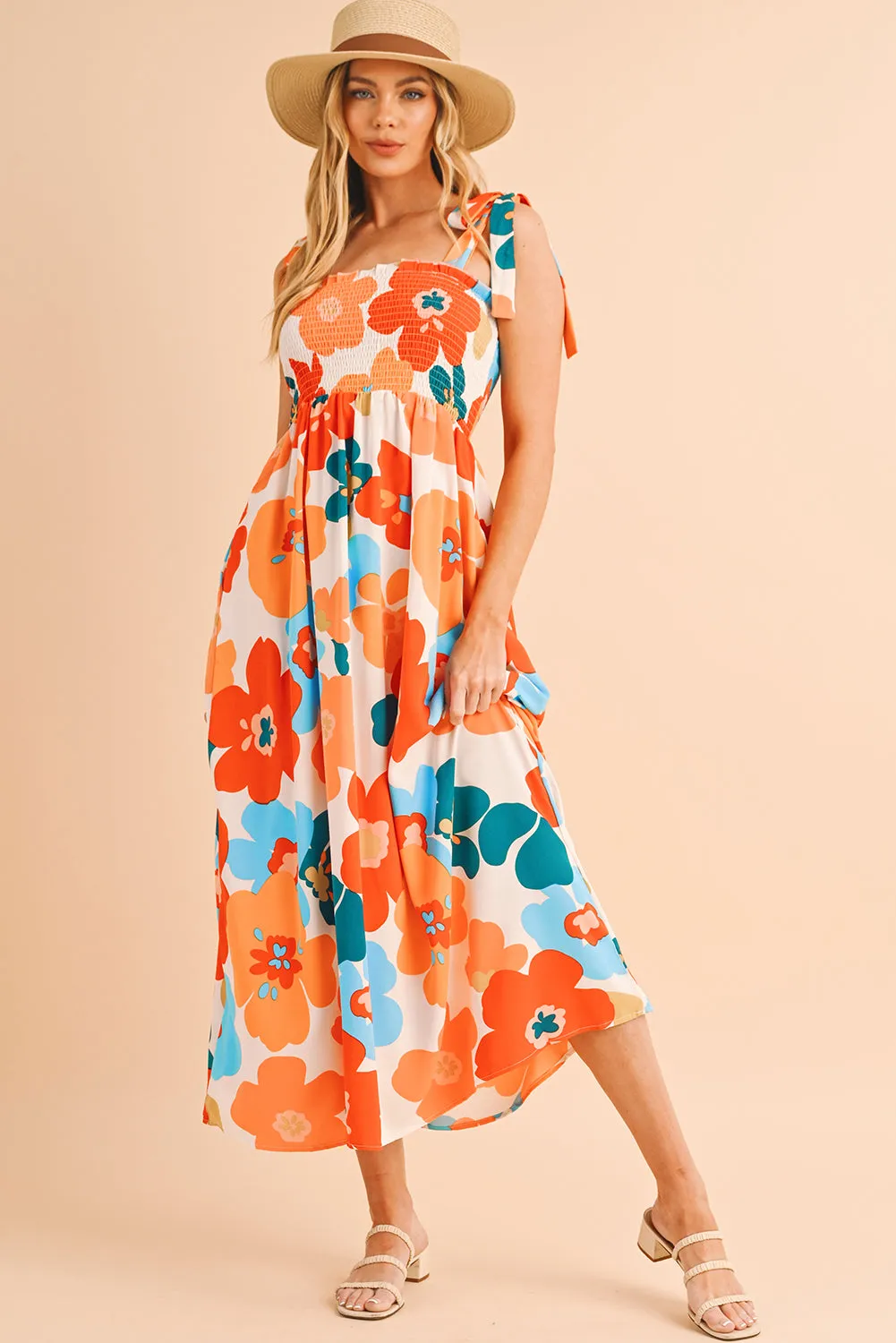 Orange 60s Floral Printed Shoulder Tie Smocked Maxi Dress