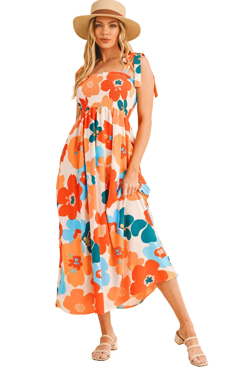 Orange 60s Floral Printed Shoulder Tie Smocked Maxi Dress