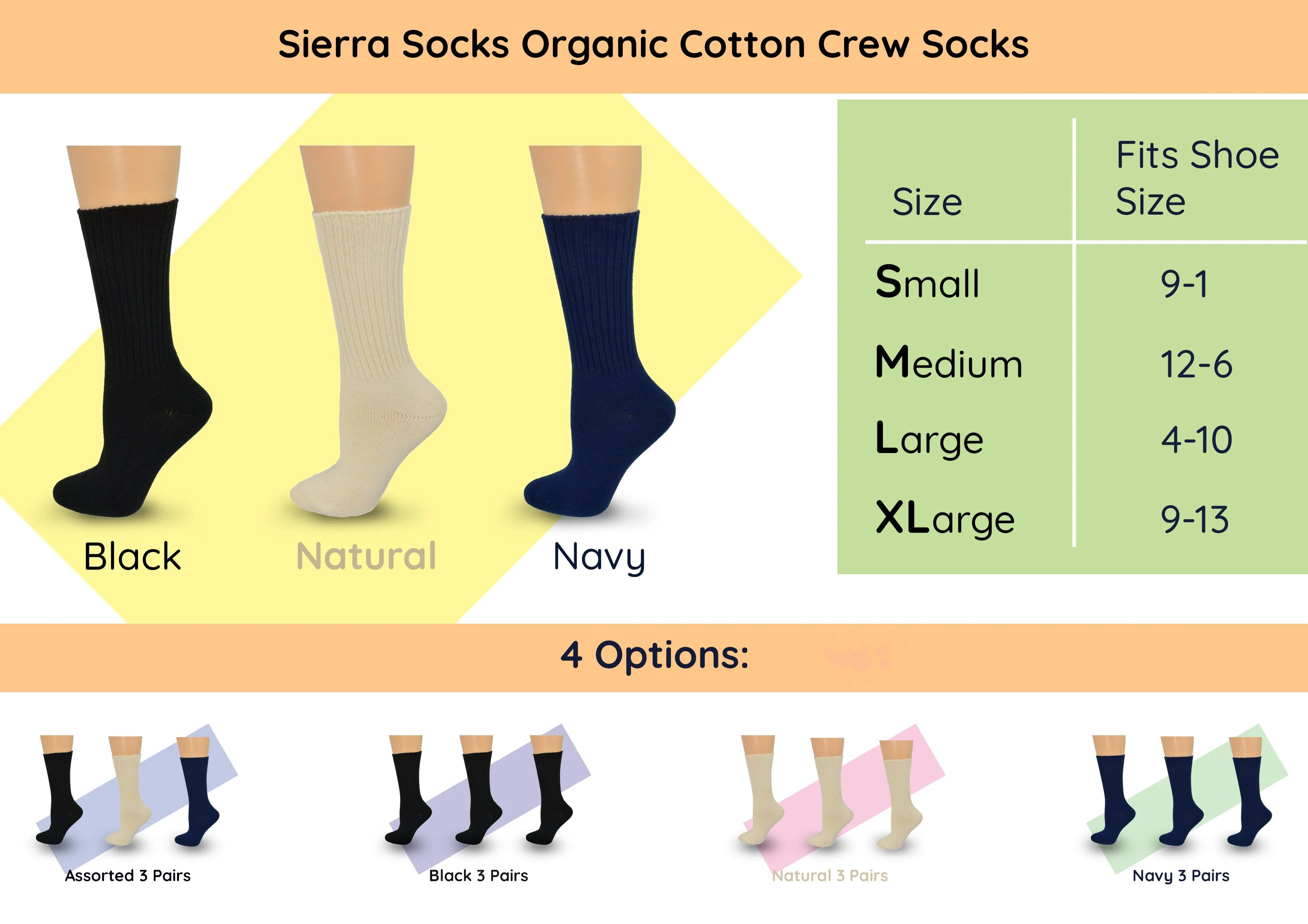 Organic Cotton Midweight Outdoor Unisex Athletic Crew Socks 3 Pair Pack