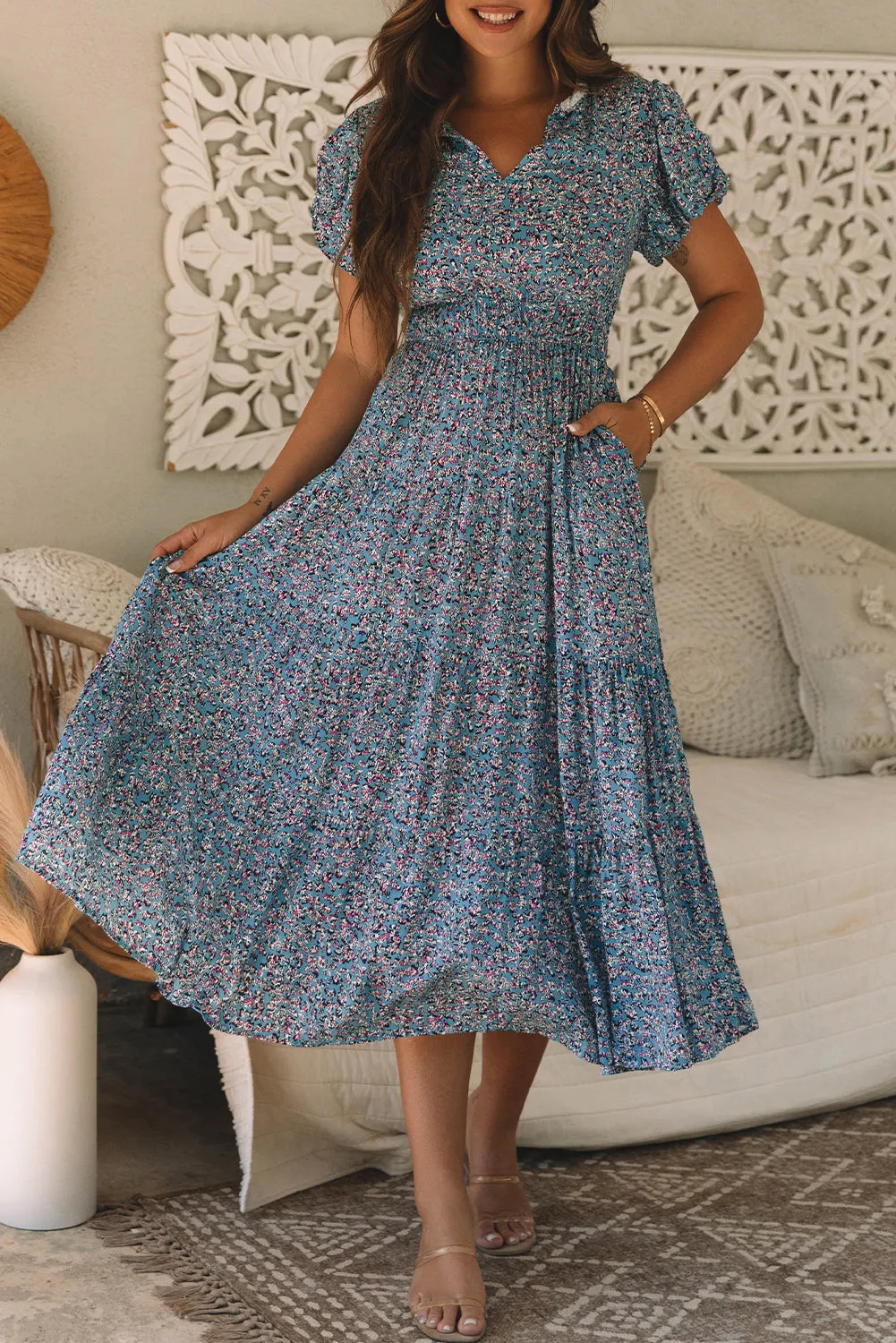 Printed V Neck Shirred Short Puff Sleeve Maxi Dress