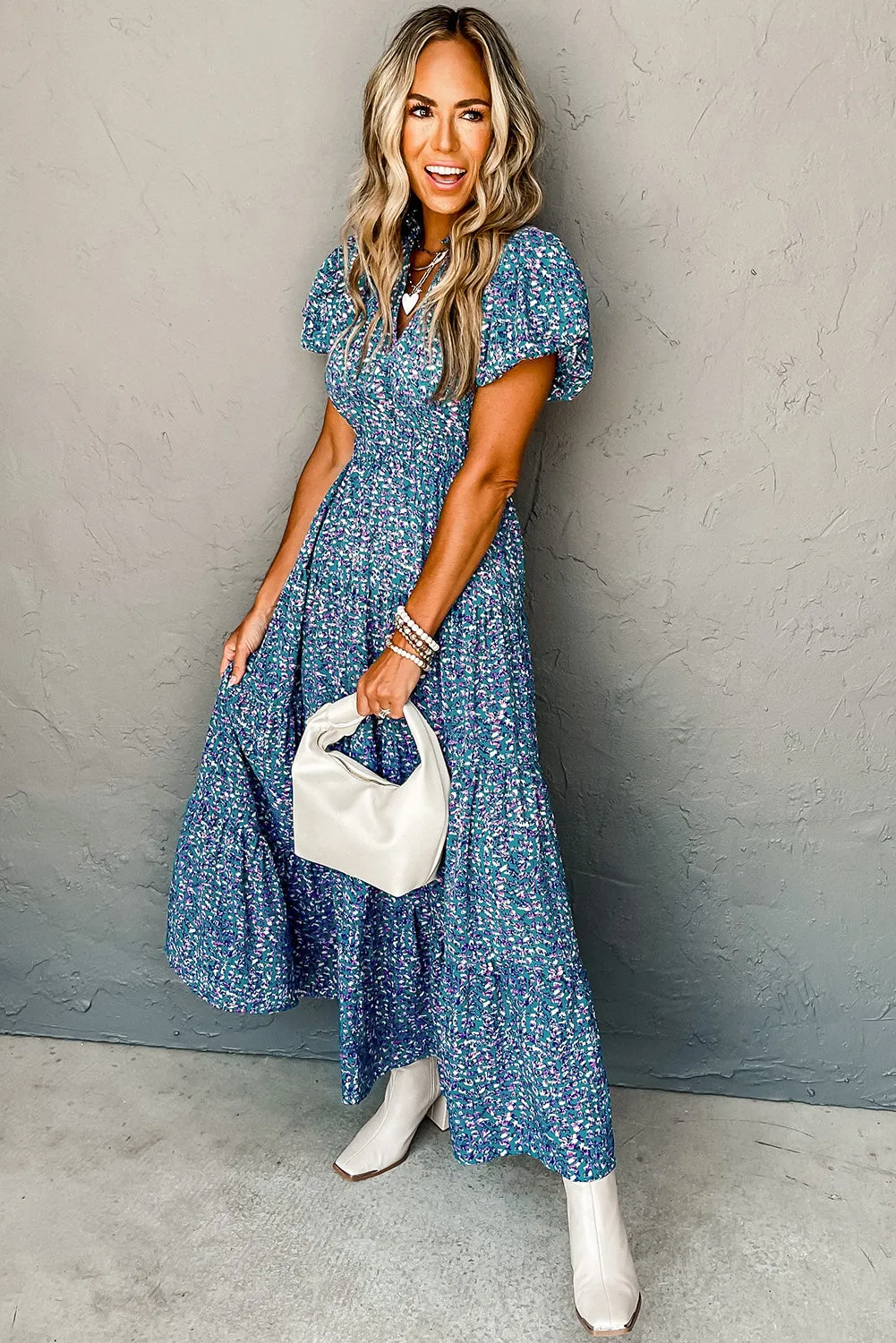 Printed V Neck Shirred Short Puff Sleeve Maxi Dress