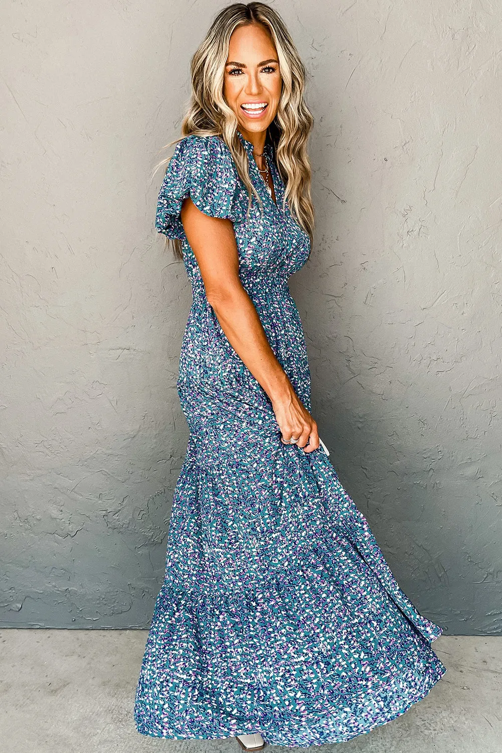 Printed V Neck Shirred Short Puff Sleeve Maxi Dress