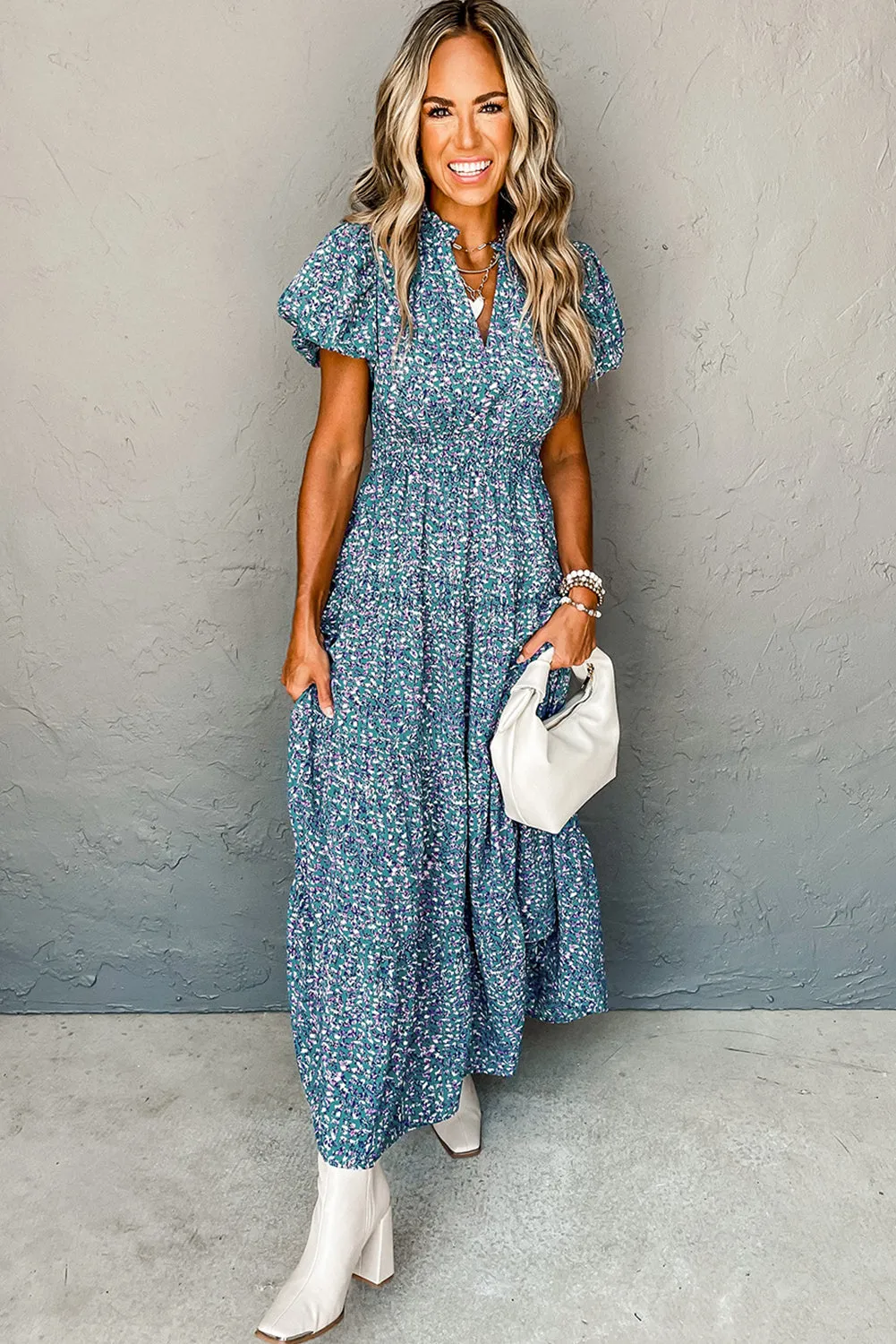 Printed V Neck Shirred Short Puff Sleeve Maxi Dress