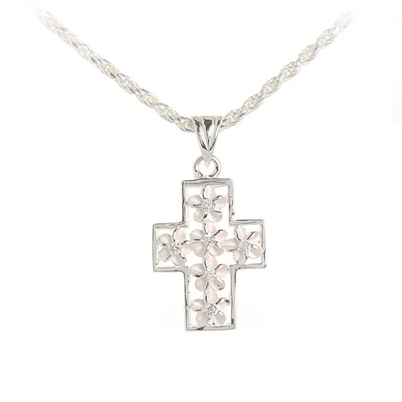 Sterling Silver 4mm Plumeria with CZ and Border Cross Pendant (Chain Sold Separately)