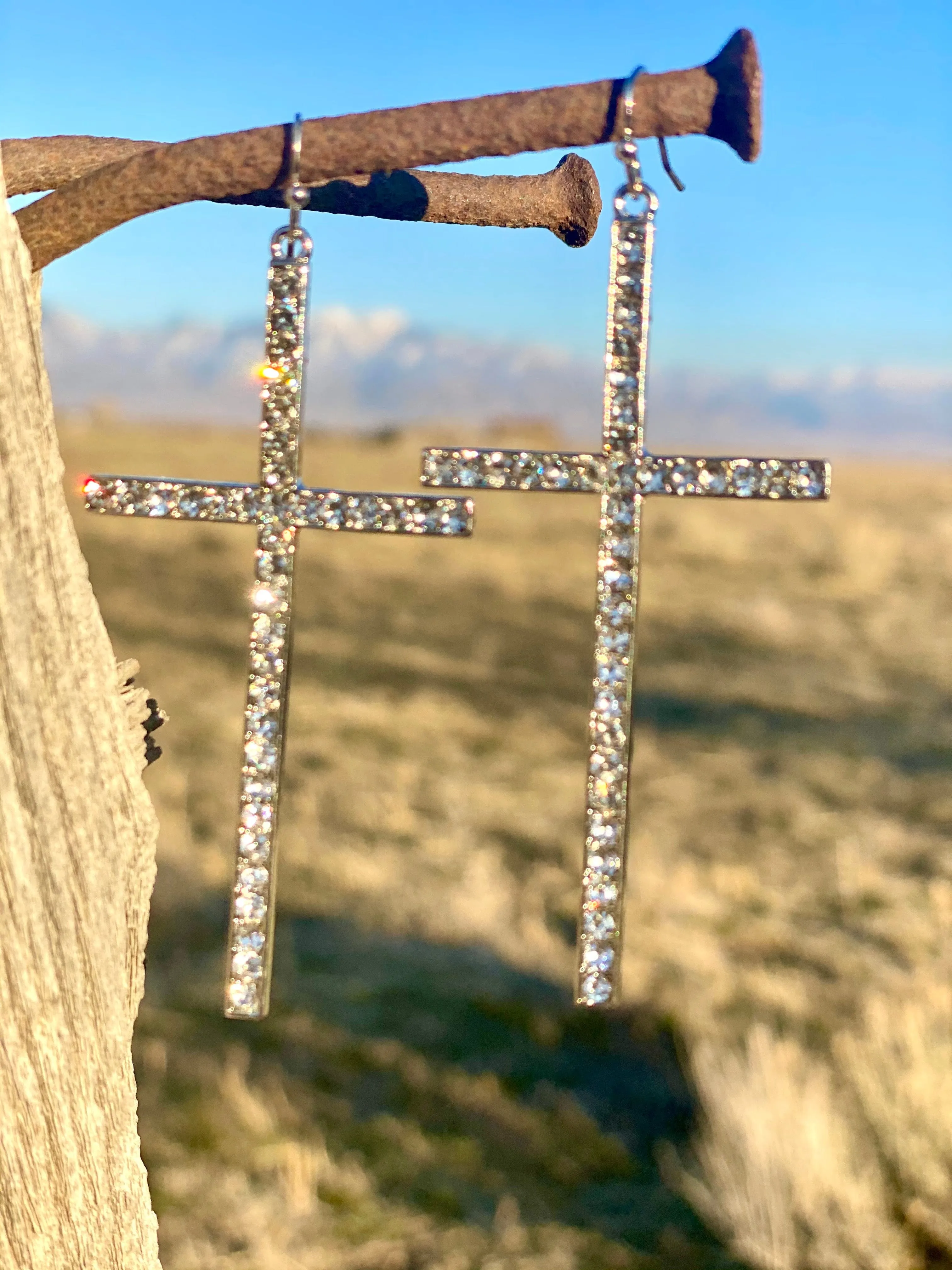 The Calistoga Crystal Silver Cross Earrings