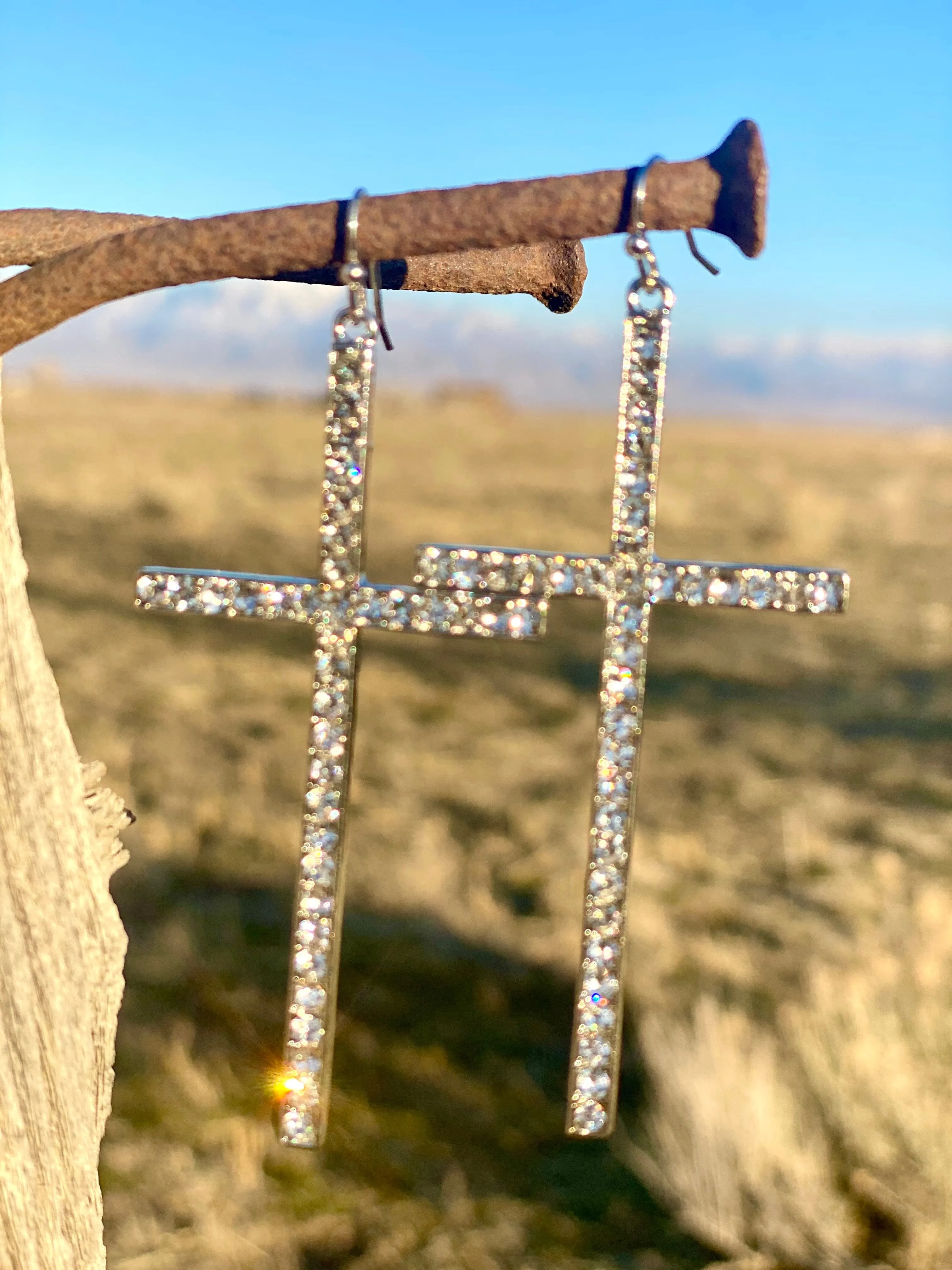 The Calistoga Crystal Silver Cross Earrings