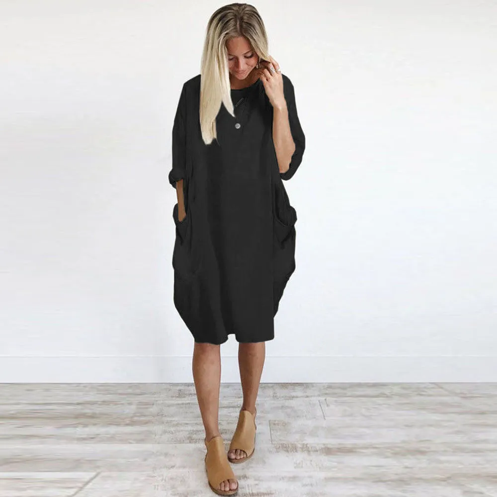 Women's Pocket Loose Crew Neck Casual Long Dress