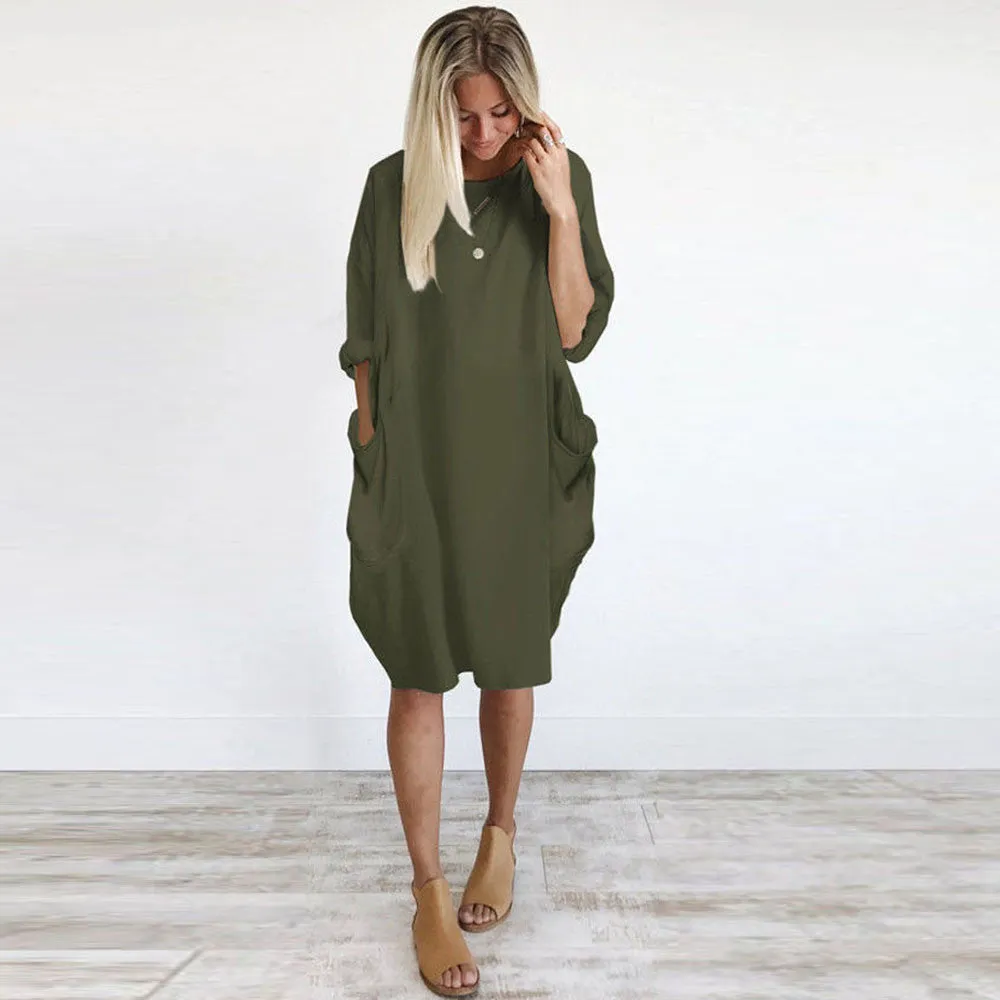 Women's Pocket Loose Crew Neck Casual Long Dress