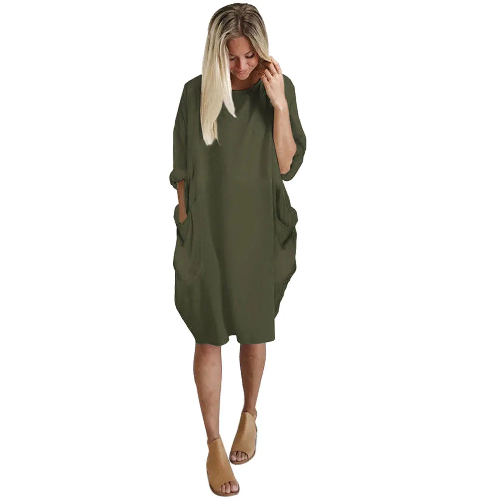 Women's Pocket Loose Crew Neck Casual Long Dress