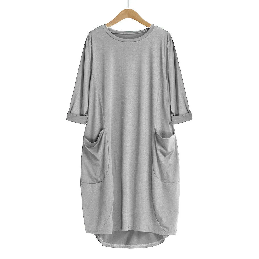 Women's Pocket Loose Crew Neck Casual Long Dress